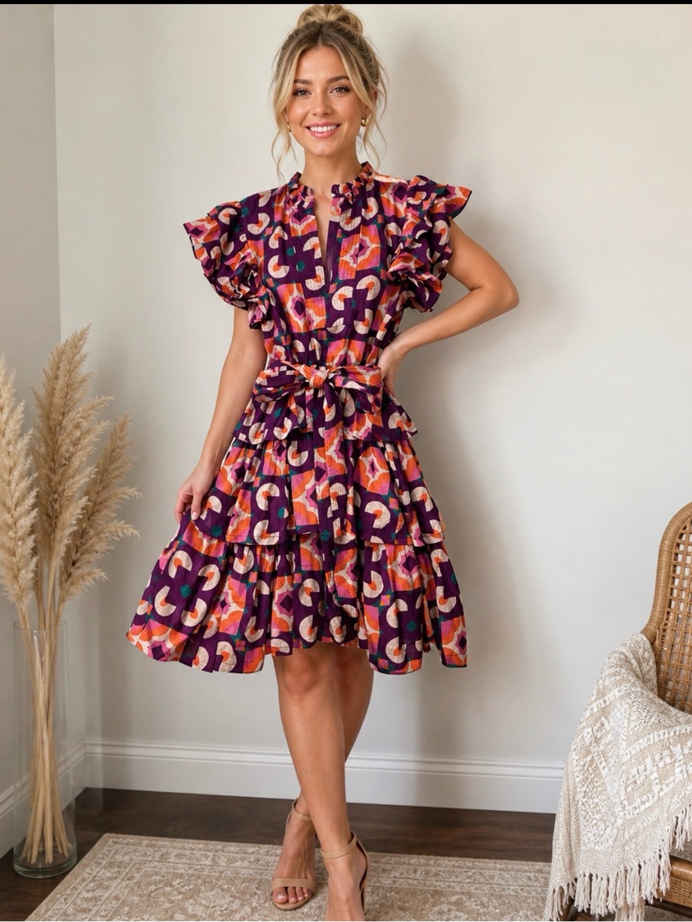 Briton Court Colorful Patterned Dress with Ruffle Sleeves size M